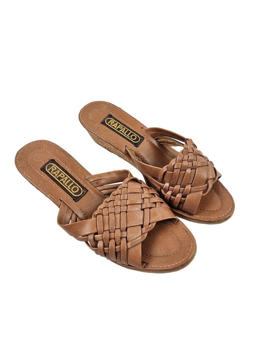 Rapallo Women's Sandals Size 7 Brown Woven Leather Cork Wedge Heel Slip On Shoes